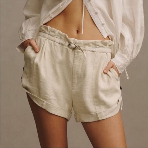ANTHROPOLOGIE Linen Shorts Women Large Belted Relaxed Neutral Beach Resort - Picture 1 of 10